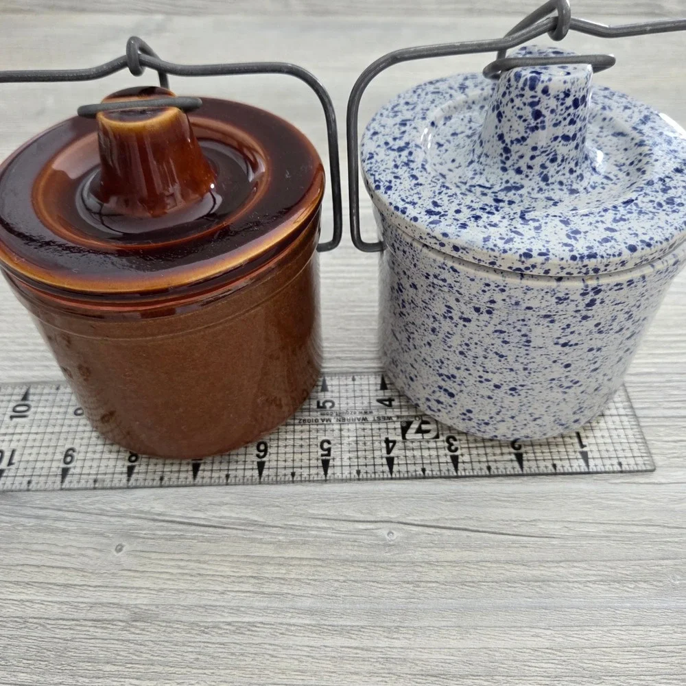 Mini Stoneware Crocks Brown and Blue Spatterware Farmhouse Set of 2